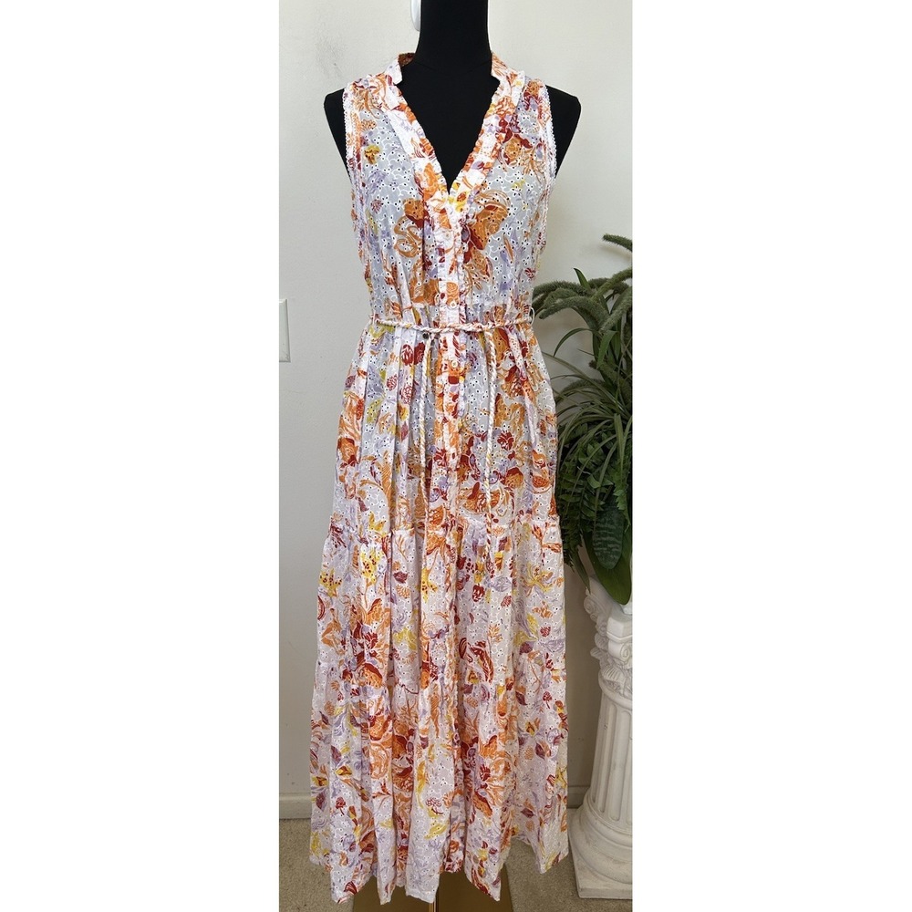 NWT Poupette St Barth Tier Sleeveless Maxi Eyelet Resort Boho Floral Dress Sz L